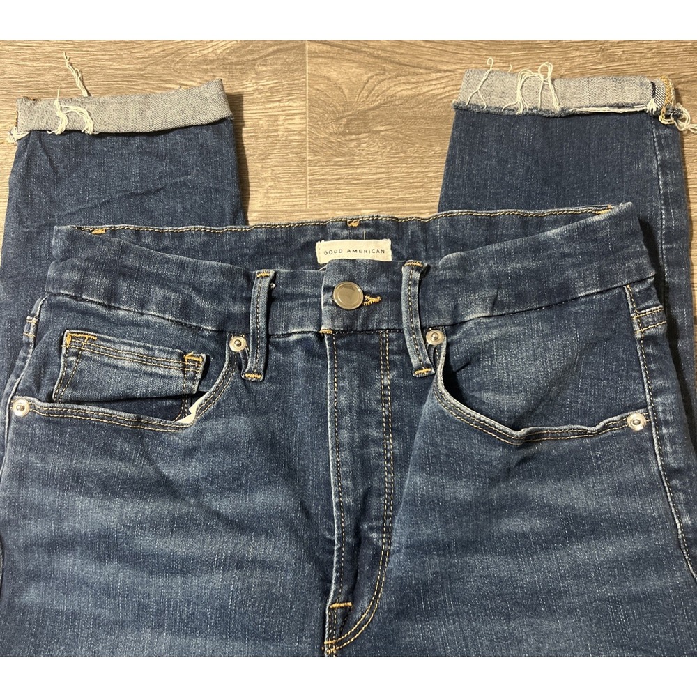 Good American Good Waist Crop High Rise Dark Wash Skinny Capri Size 6/28 (26x26)